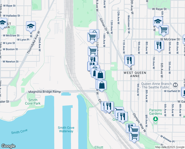 map of restaurants, bars, coffee shops, grocery stores, and more near 1827 15th Avenue West in Seattle