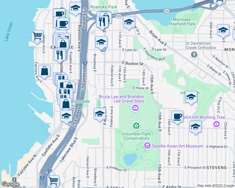 map of restaurants, bars, coffee shops, grocery stores, and more near 1815 11th Avenue East in Seattle