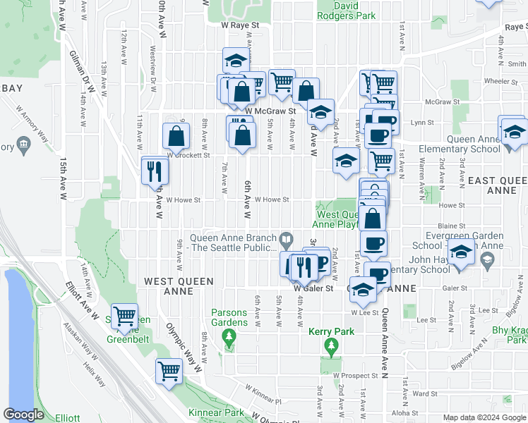 map of restaurants, bars, coffee shops, grocery stores, and more near 1823 5th Avenue West in Seattle