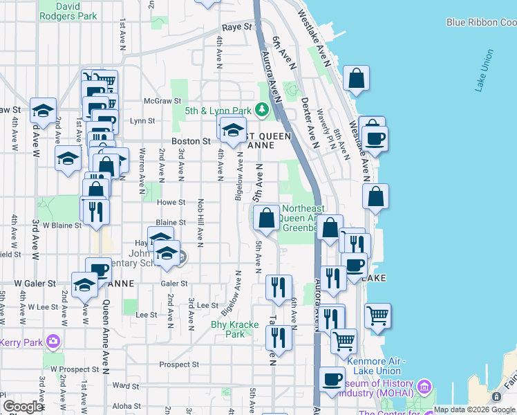 map of restaurants, bars, coffee shops, grocery stores, and more near 1824 5th Avenue North in Seattle