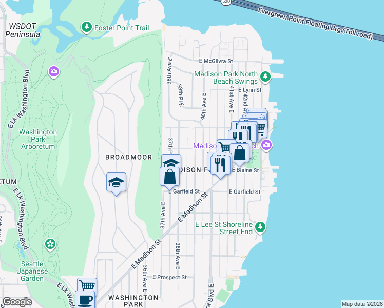 map of restaurants, bars, coffee shops, grocery stores, and more near 1827 39th Avenue East in Seattle