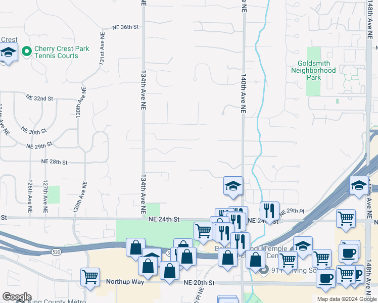 map of restaurants, bars, coffee shops, grocery stores, and more near 13619 Northeast 28th Street in Bellevue