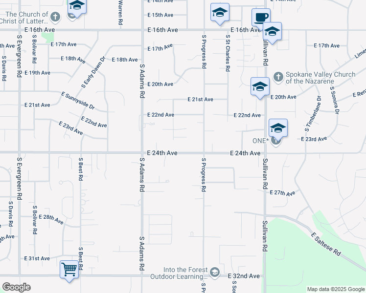 map of restaurants, bars, coffee shops, grocery stores, and more near 14925 East 24th Avenue in Spokane Valley