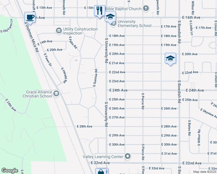 map of restaurants, bars, coffee shops, grocery stores, and more near 2317 South University Road in Spokane Valley