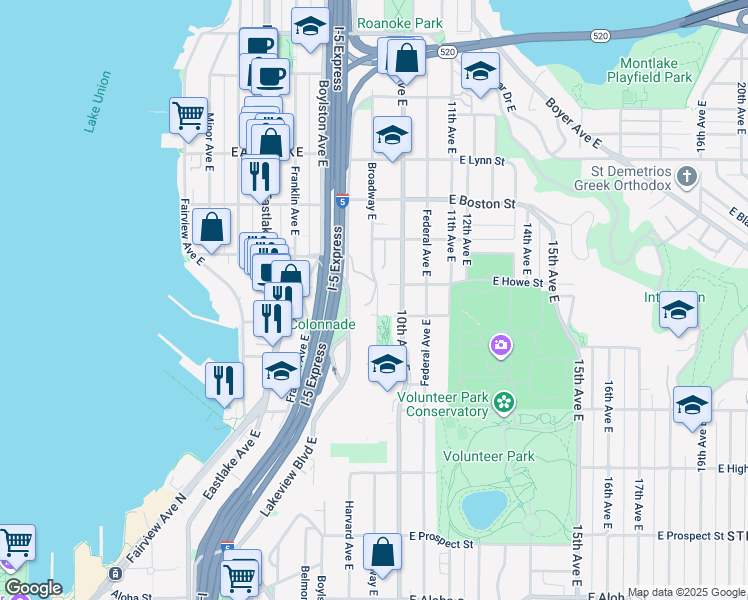map of restaurants, bars, coffee shops, grocery stores, and more near 806 East Blaine Street in Seattle