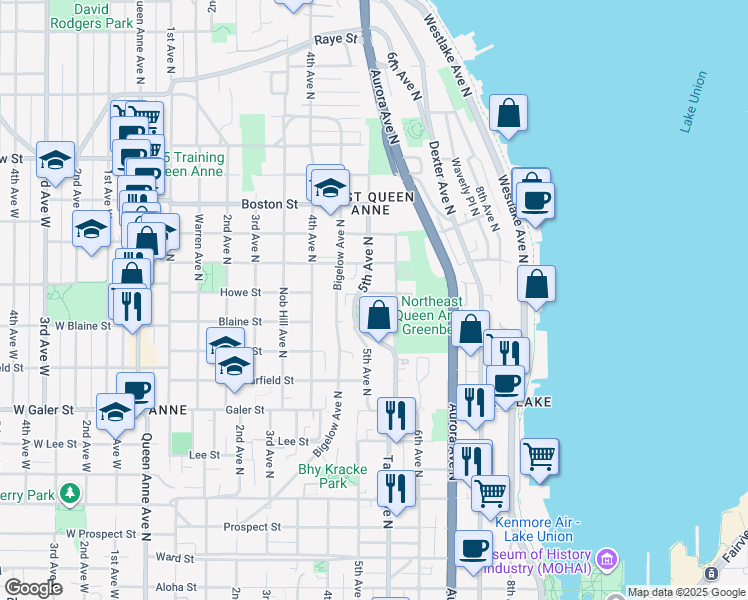 map of restaurants, bars, coffee shops, grocery stores, and more near 1824 5th Avenue North in Seattle