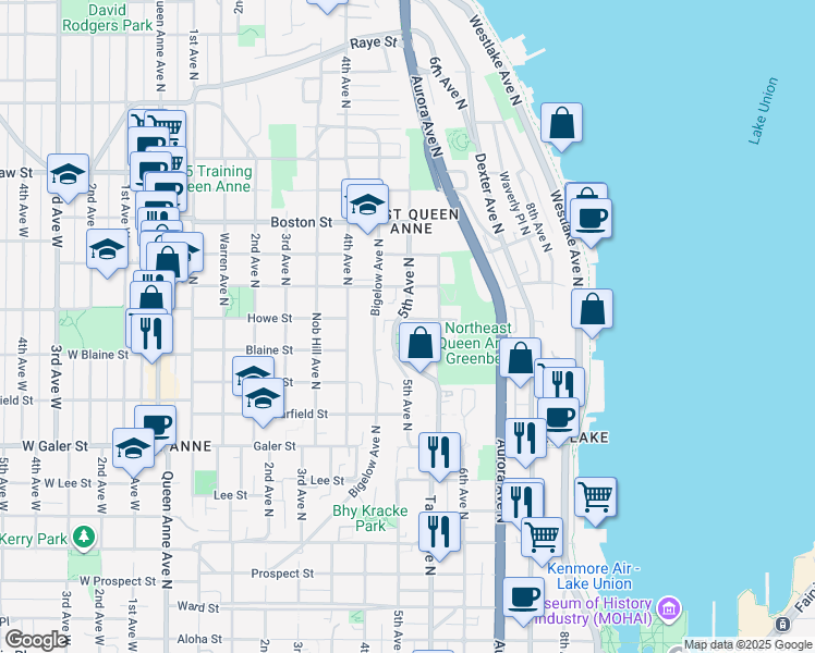 map of restaurants, bars, coffee shops, grocery stores, and more near 1824 5th Avenue North in Seattle