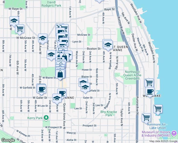 map of restaurants, bars, coffee shops, grocery stores, and more near 221 1/2 Howe Street in Seattle