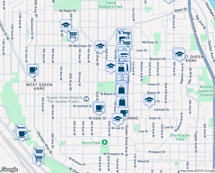 map of restaurants, bars, coffee shops, grocery stores, and more near 150 West Blaine Street in Seattle