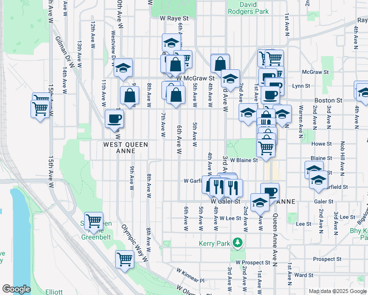 map of restaurants, bars, coffee shops, grocery stores, and more near 1823 5th Avenue West in Seattle