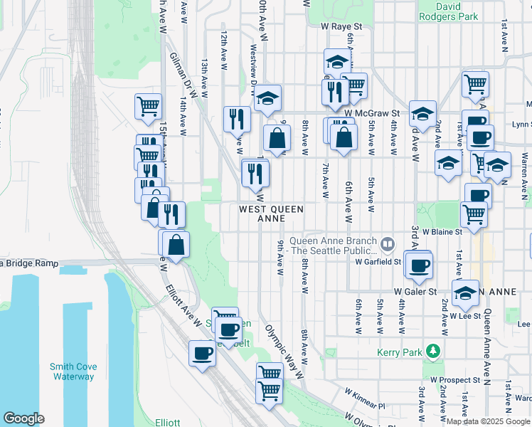 map of restaurants, bars, coffee shops, grocery stores, and more near 1822 10th Avenue West in Seattle