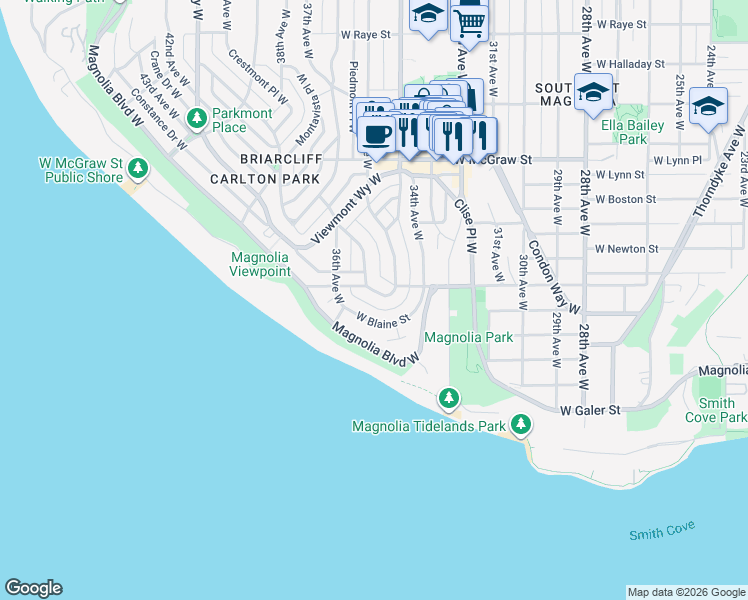 map of restaurants, bars, coffee shops, grocery stores, and more near 3515 West Howe Street in Seattle