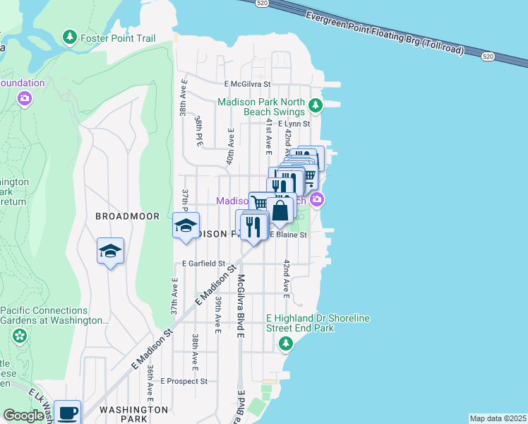 map of restaurants, bars, coffee shops, grocery stores, and more near 1825 41st Avenue East in Seattle