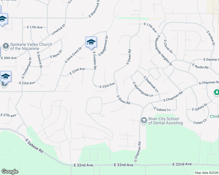 map of restaurants, bars, coffee shops, grocery stores, and more near 16610 East 23rd Avenue in Spokane Valley