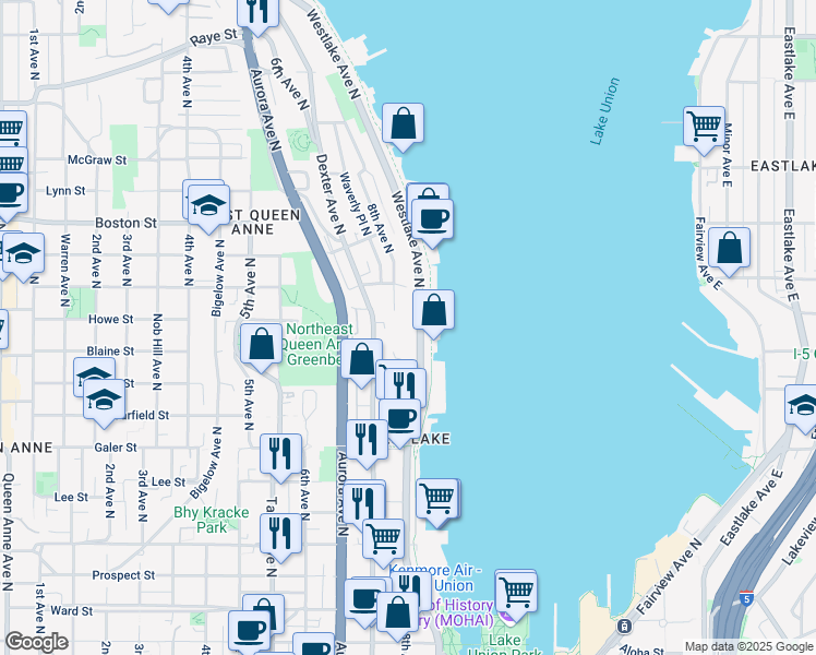 map of restaurants, bars, coffee shops, grocery stores, and more near 1813 Westlake Avenue North in Seattle
