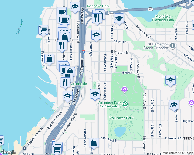 map of restaurants, bars, coffee shops, grocery stores, and more near 1815 10th Avenue East in Seattle