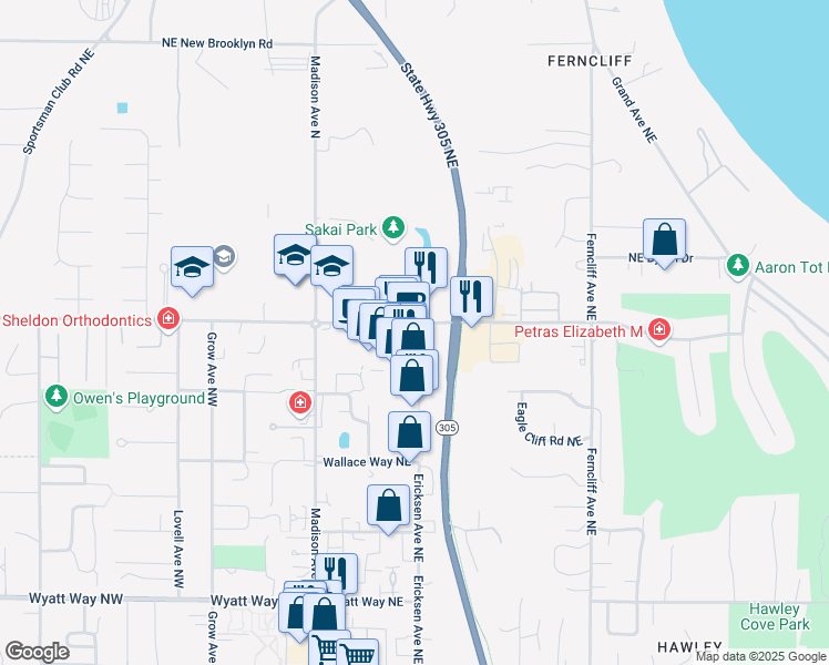 map of restaurants, bars, coffee shops, grocery stores, and more near 337 High School Road Northeast in Bainbridge Island