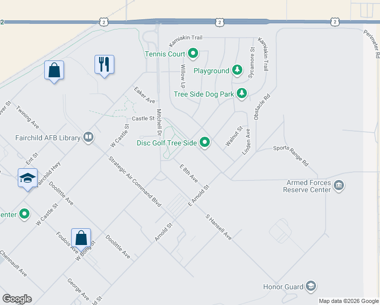 map of restaurants, bars, coffee shops, grocery stores, and more near 210 Bong Street in Fairchild Air Force Base