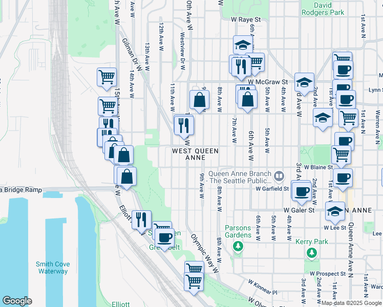 map of restaurants, bars, coffee shops, grocery stores, and more near 1822 10th Avenue West in Seattle