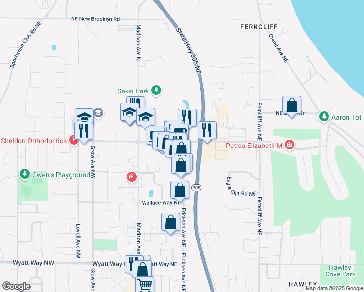 map of restaurants, bars, coffee shops, grocery stores, and more near 337 High School Road Northeast in Bainbridge Island