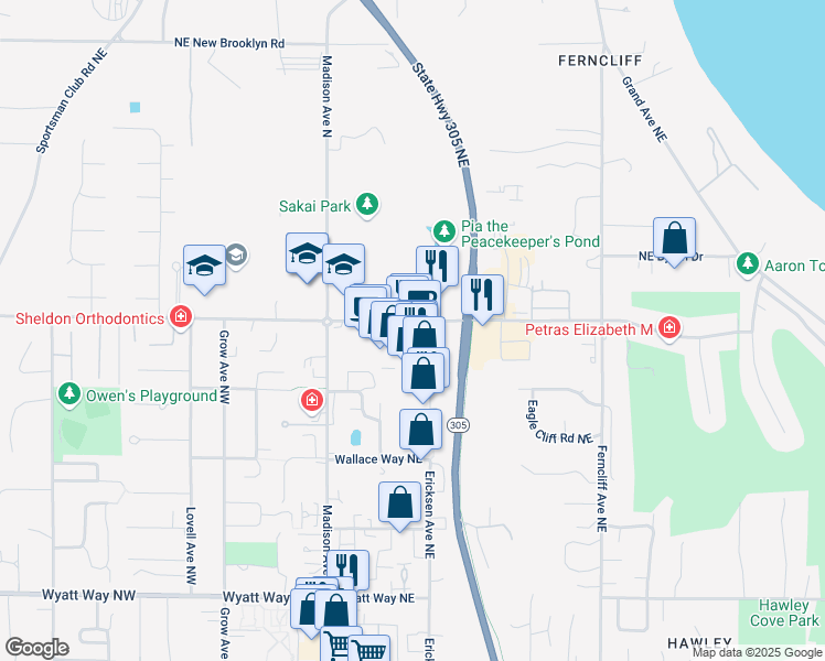 map of restaurants, bars, coffee shops, grocery stores, and more near 323 High School Road Northeast in Bainbridge Island