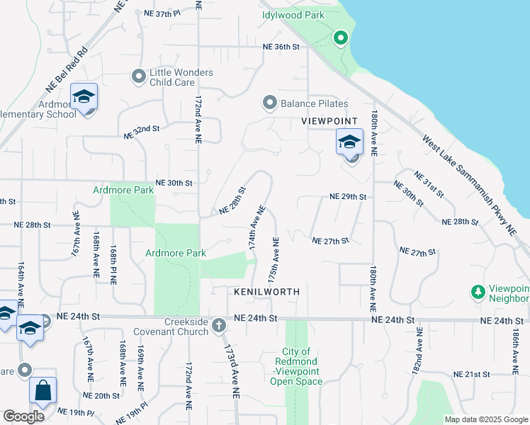 map of restaurants, bars, coffee shops, grocery stores, and more near 2715 174th Avenue Northeast in Redmond