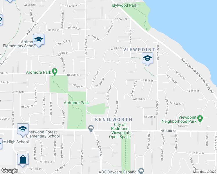 map of restaurants, bars, coffee shops, grocery stores, and more near 2715 174th Avenue Northeast in Redmond