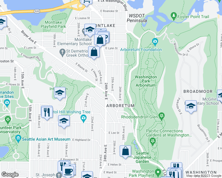 map of restaurants, bars, coffee shops, grocery stores, and more near 1817 25th Avenue East in Seattle