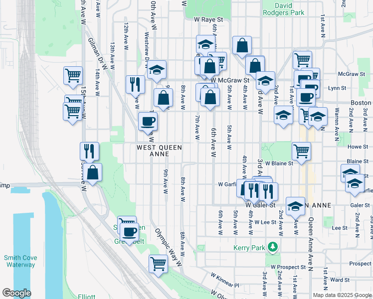map of restaurants, bars, coffee shops, grocery stores, and more near 1824 8th Avenue West in Seattle