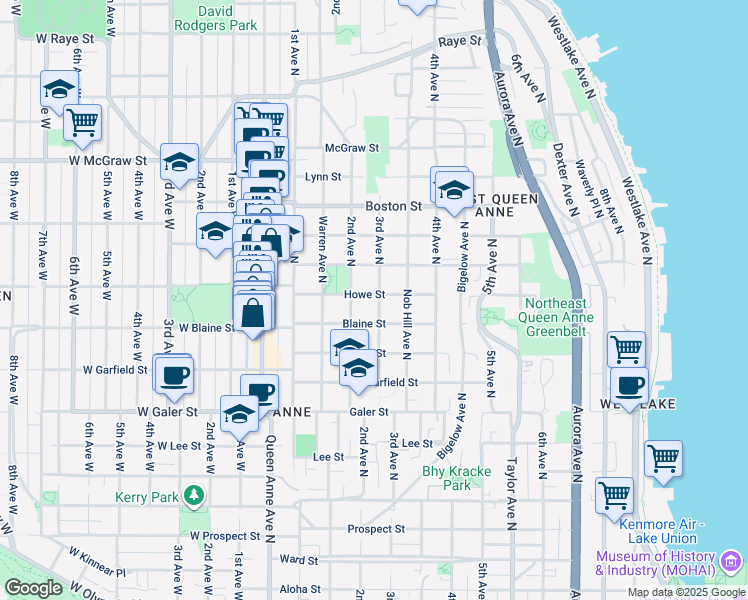 map of restaurants, bars, coffee shops, grocery stores, and more near 221 1/2 Howe Street in Seattle
