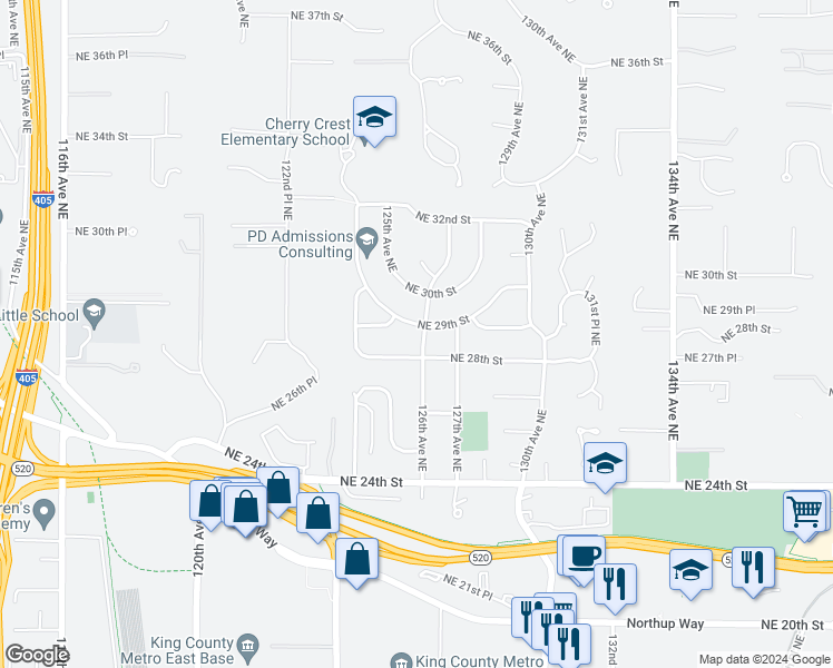 map of restaurants, bars, coffee shops, grocery stores, and more near 12519 Northeast 29th Street in Bellevue