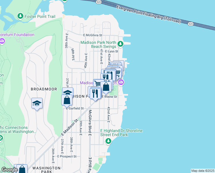map of restaurants, bars, coffee shops, grocery stores, and more near 4201 East Madison Street in Seattle