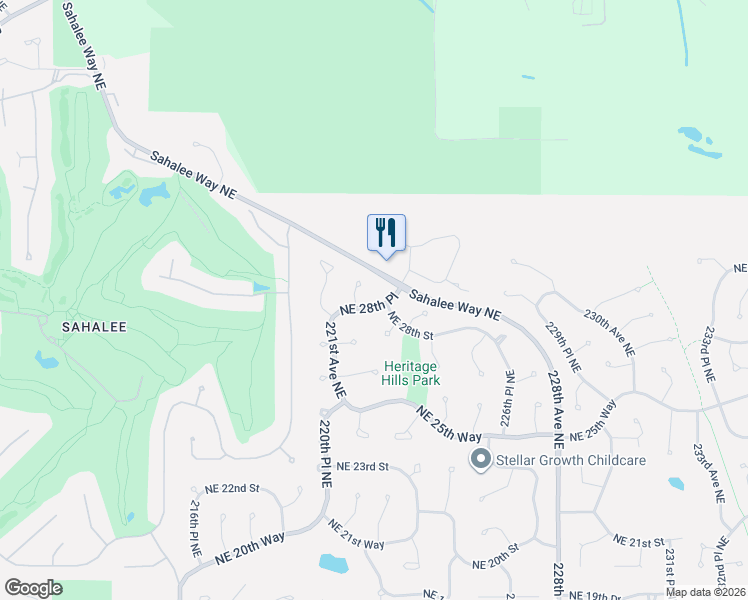 map of restaurants, bars, coffee shops, grocery stores, and more near 22222 Northeast 28th Place in Sammamish