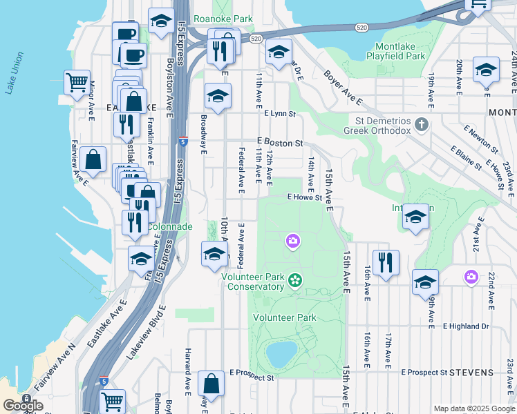 map of restaurants, bars, coffee shops, grocery stores, and more near 1815 11th Avenue East in Seattle