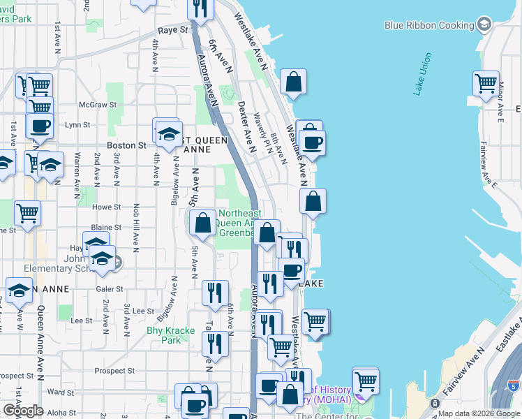 map of restaurants, bars, coffee shops, grocery stores, and more near in Seattle