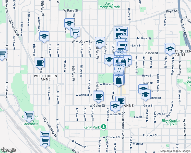 map of restaurants, bars, coffee shops, grocery stores, and more near 1825 3rd Avenue West in Seattle