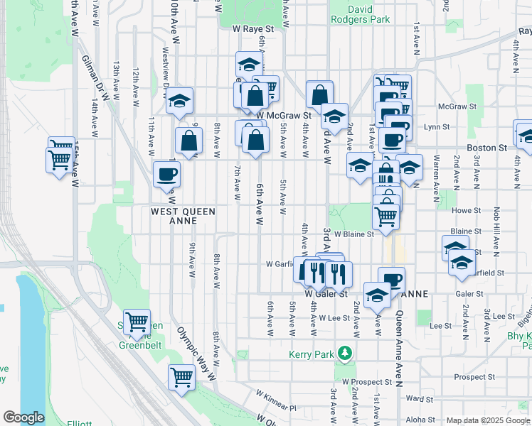 map of restaurants, bars, coffee shops, grocery stores, and more near 1823 5th Avenue West in Seattle