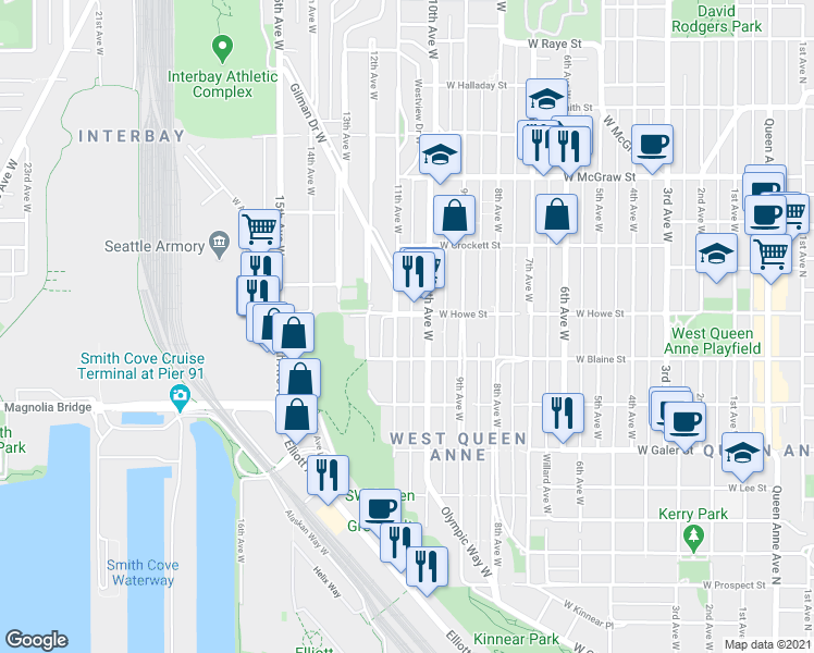 map of restaurants, bars, coffee shops, grocery stores, and more near 1822a 11th Avenue West in Seattle