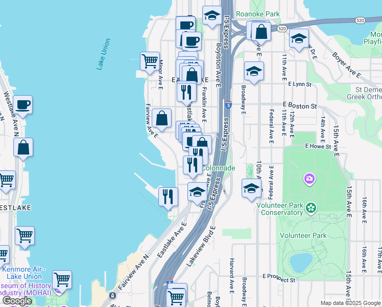 map of restaurants, bars, coffee shops, grocery stores, and more near 1823 Eastlake Avenue East in Seattle
