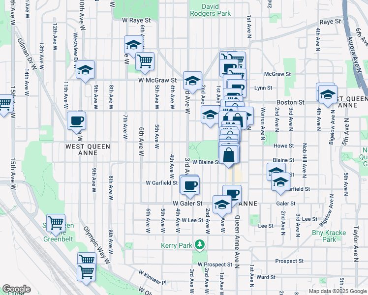 map of restaurants, bars, coffee shops, grocery stores, and more near 1825 3rd Avenue West in Seattle