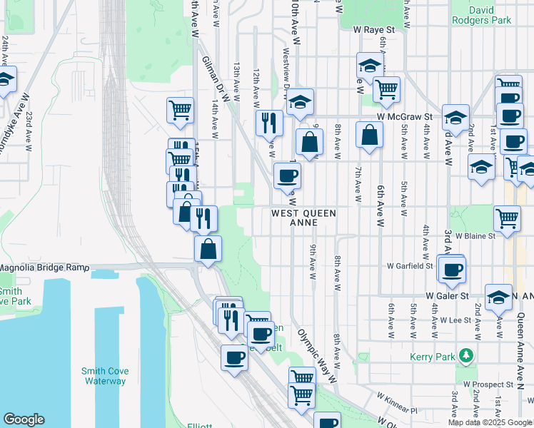 map of restaurants, bars, coffee shops, grocery stores, and more near 1822a 11th Avenue West in Seattle