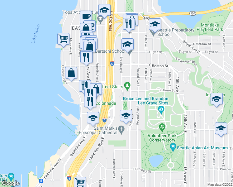 map of restaurants, bars, coffee shops, grocery stores, and more near 1820 Lakeview Boulevard East in Seattle