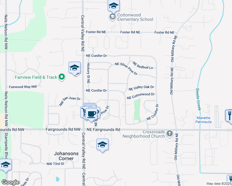 map of restaurants, bars, coffee shops, grocery stores, and more near 351 Northeast Conifer Drive in Bremerton