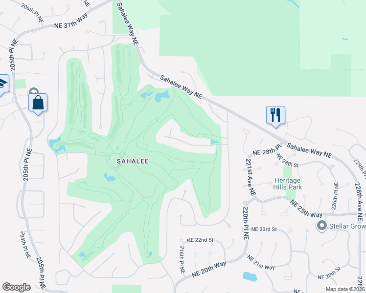 map of restaurants, bars, coffee shops, grocery stores, and more near 21705 Northeast 29th Street in Sammamish