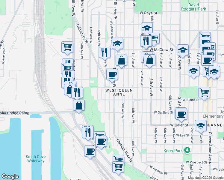 map of restaurants, bars, coffee shops, grocery stores, and more near in Seattle