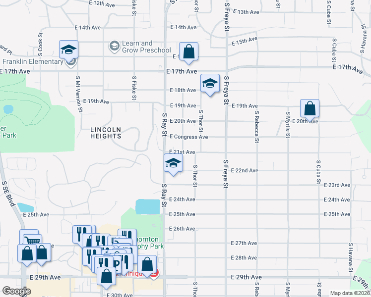 map of restaurants, bars, coffee shops, grocery stores, and more near 3303 East 21st Avenue in Spokane