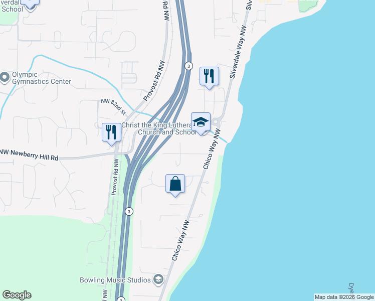 map of restaurants, bars, coffee shops, grocery stores, and more near 4165 Newberry Lane Northwest in Bremerton