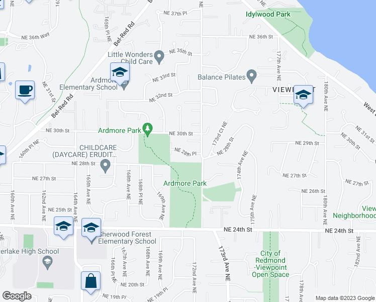 map of restaurants, bars, coffee shops, grocery stores, and more near 17100 Northeast 28th Place in Bellevue