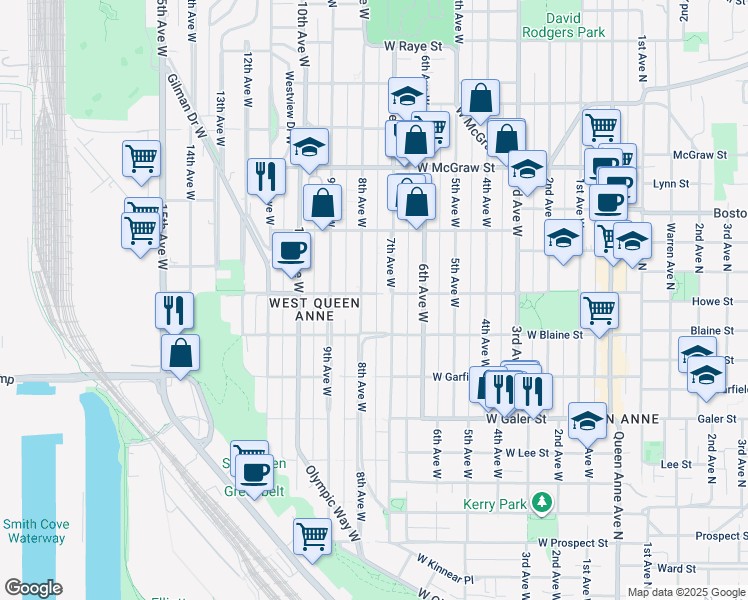 map of restaurants, bars, coffee shops, grocery stores, and more near 715 West Howe Street in Seattle