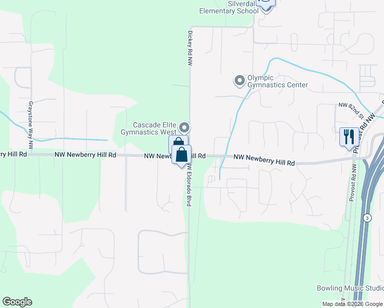 map of restaurants, bars, coffee shops, grocery stores, and more near 5451 Silverdale Way Northwest in Bremerton